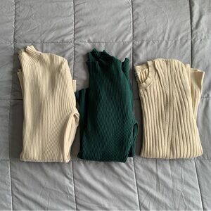 Ribbed Knit Sweater Mock Neck Fitted Stretch Long Sleeve Cream Green Size Small